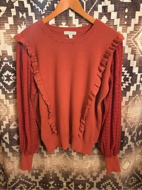 Ryegrass Rust Colored Long Sleeve Ruffle Top Size XL, Sheer Blouson Sleeves